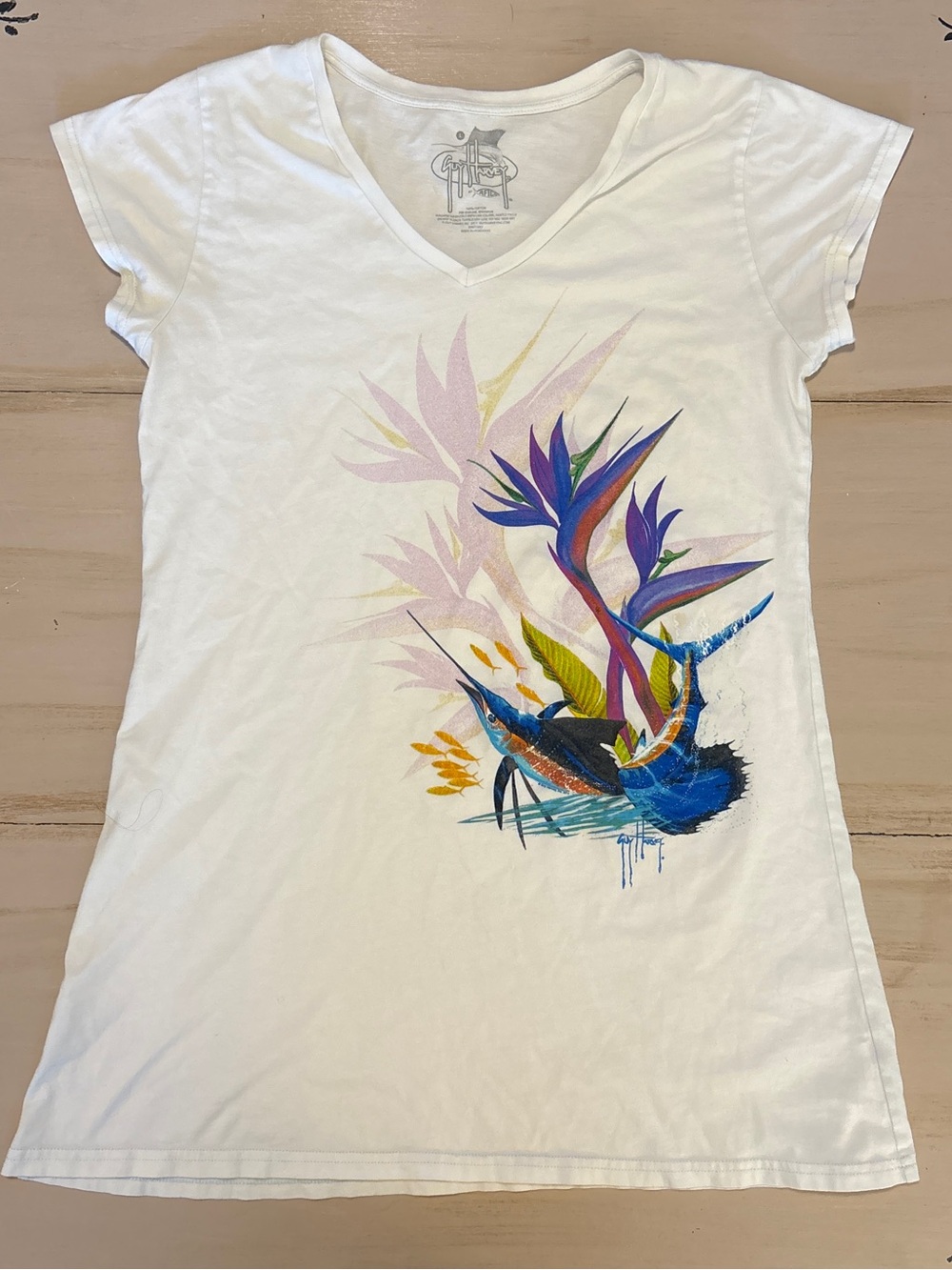Guy Harvey White V-Neck Tee with Tropical Multicolor Graphic